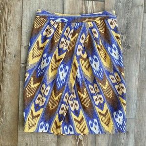 Tory Burch Jemima Tribal Metallic Ikat Pleated Linen Tulip Skirt Women's Sz 8